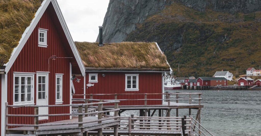 Charming red stilt houses with grass roofs in Reine, Lofoten, Norway, surrounded by rocky fjords.