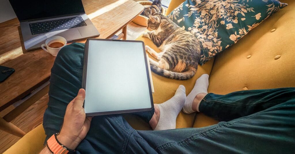 Relaxing home setup with a tablet in hand, lounging with a cat on a yellow sofa.