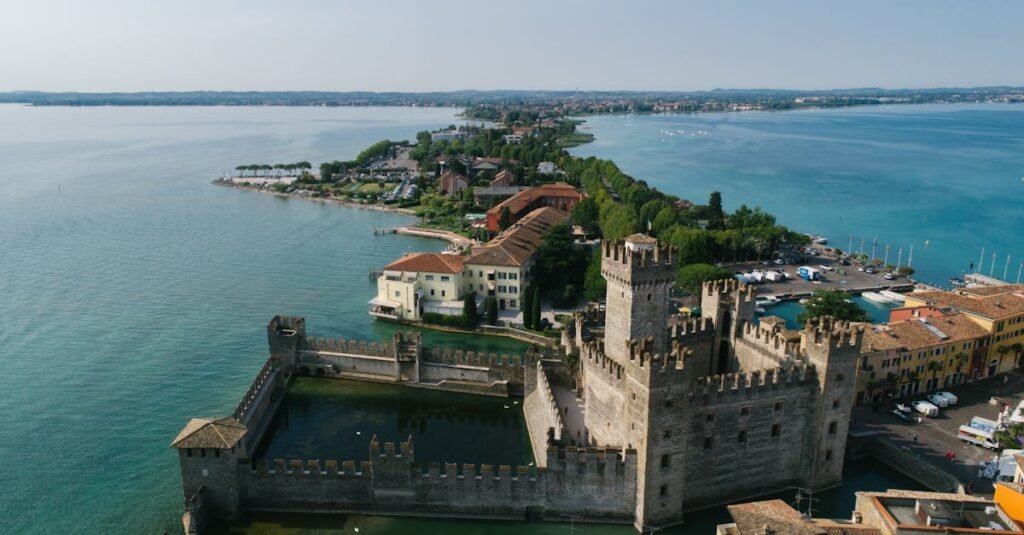 Aerial view of Scaligero Castle and Sirmione peninsula on Lake Garda, Italy.